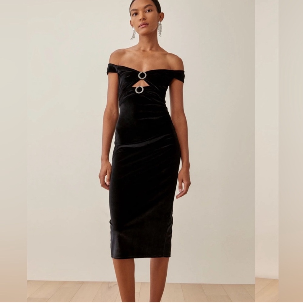 Reformation Off-Shoulder Black Velvet Midi Dress NO TAGS
